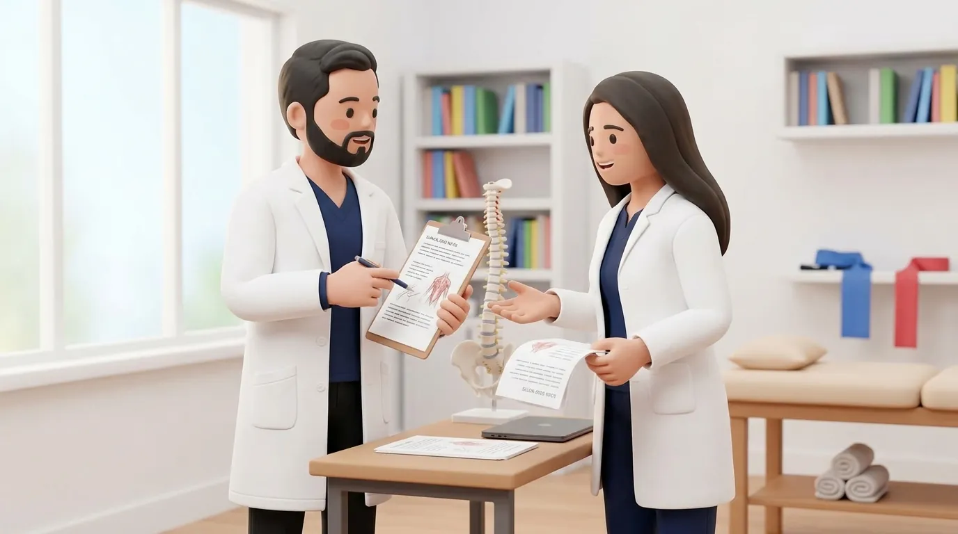 Two physiotherapists discussing specialized rehabilitation techniques in a clinical study environment.