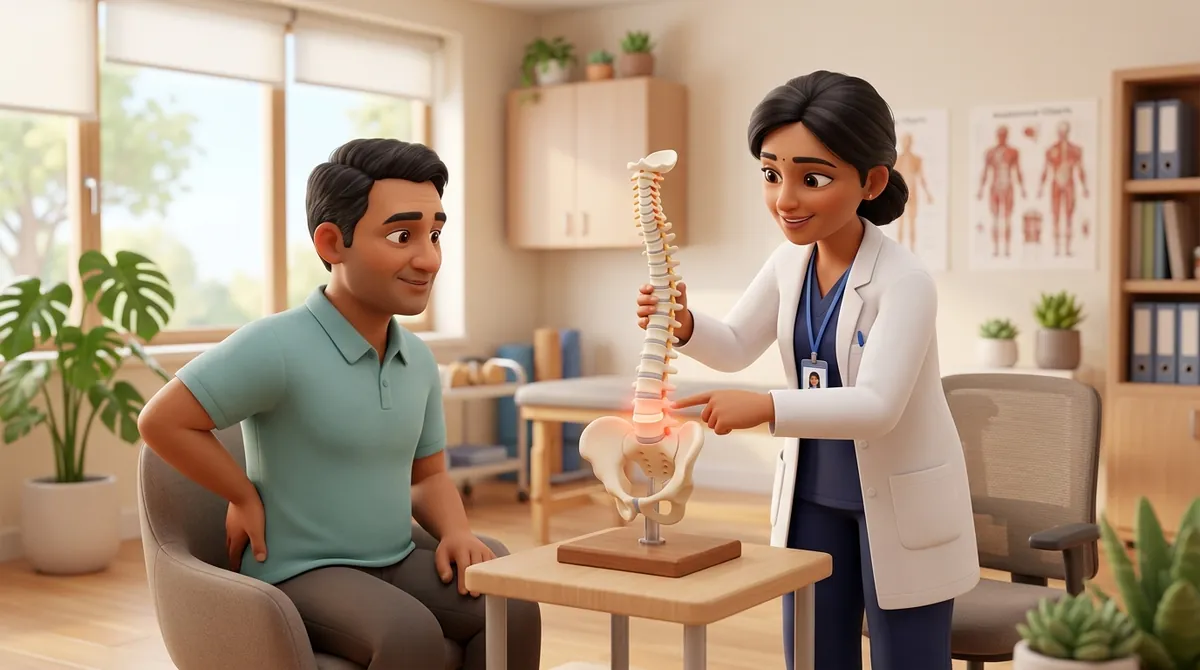 A physiotherapist explaining lumbar spine anatomy and non-surgical disc bulge recovery to an Indian patient.