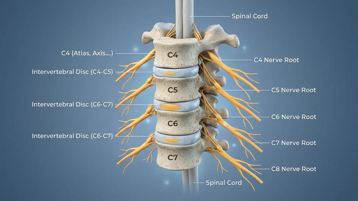 A 3D clinical illustration showing the human cervical spine vertebrae C4 to C7 with discs and radiating nerve roots.