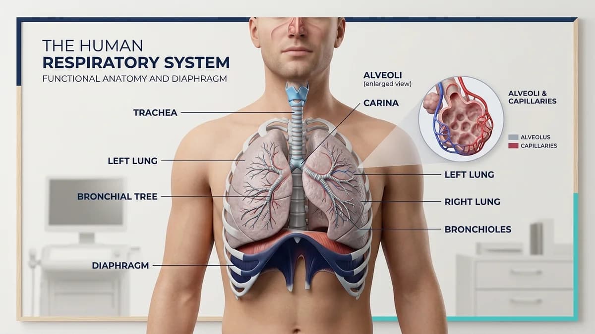 A 3D clinical illustration of the human respiratory system showing the bronchial tree, lungs, and diaphragm.