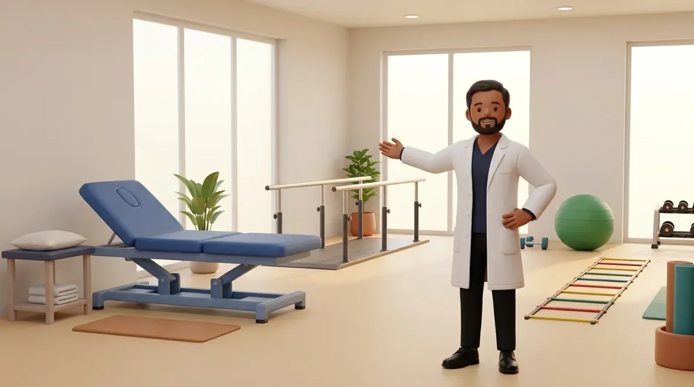 A consulting room and rehabilitation gym in a registered physiotherapy clinic compliant with Indian clinical establishment standards.