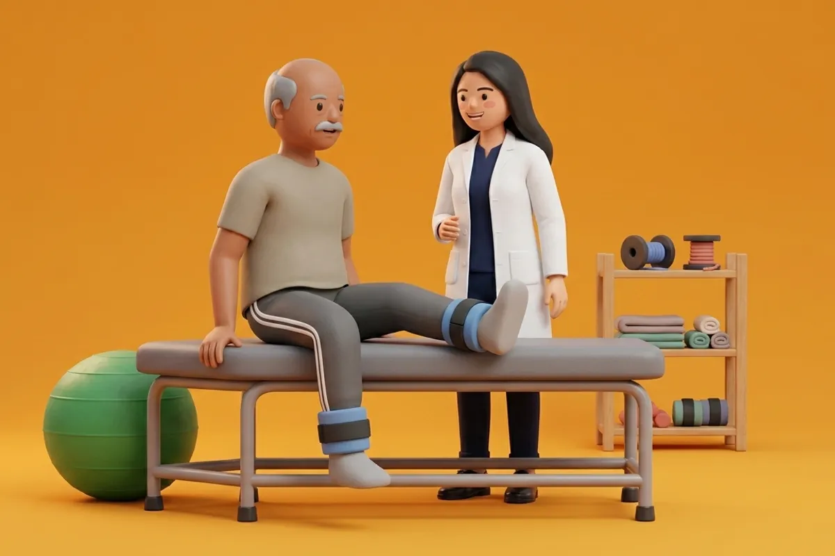 Physiotherapist assisting an older adult with gentle supine joint mobility exercises on plinth
