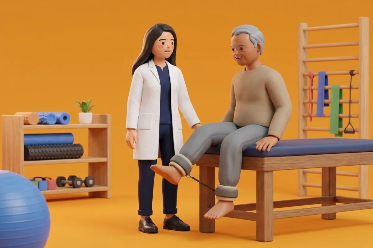 Patient performing guided wall-bar stamina and step rehabilitation after hospital discharge