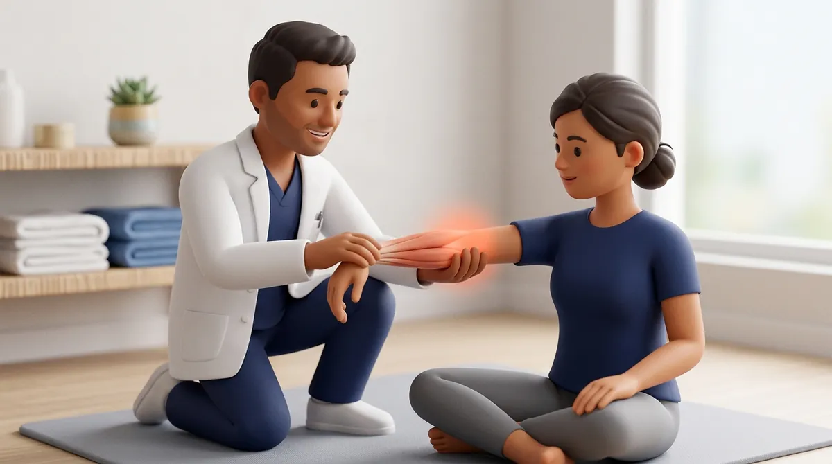 Physiotherapist providing gentle overhead passive mobilization for rotator cuff rehabilitation