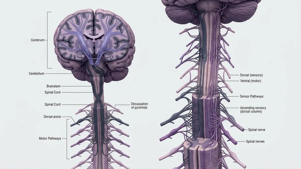 A 3D neurological illustration showing the human central nervous system, brainstem, spinal cord pathways, and motor nerve tracts.