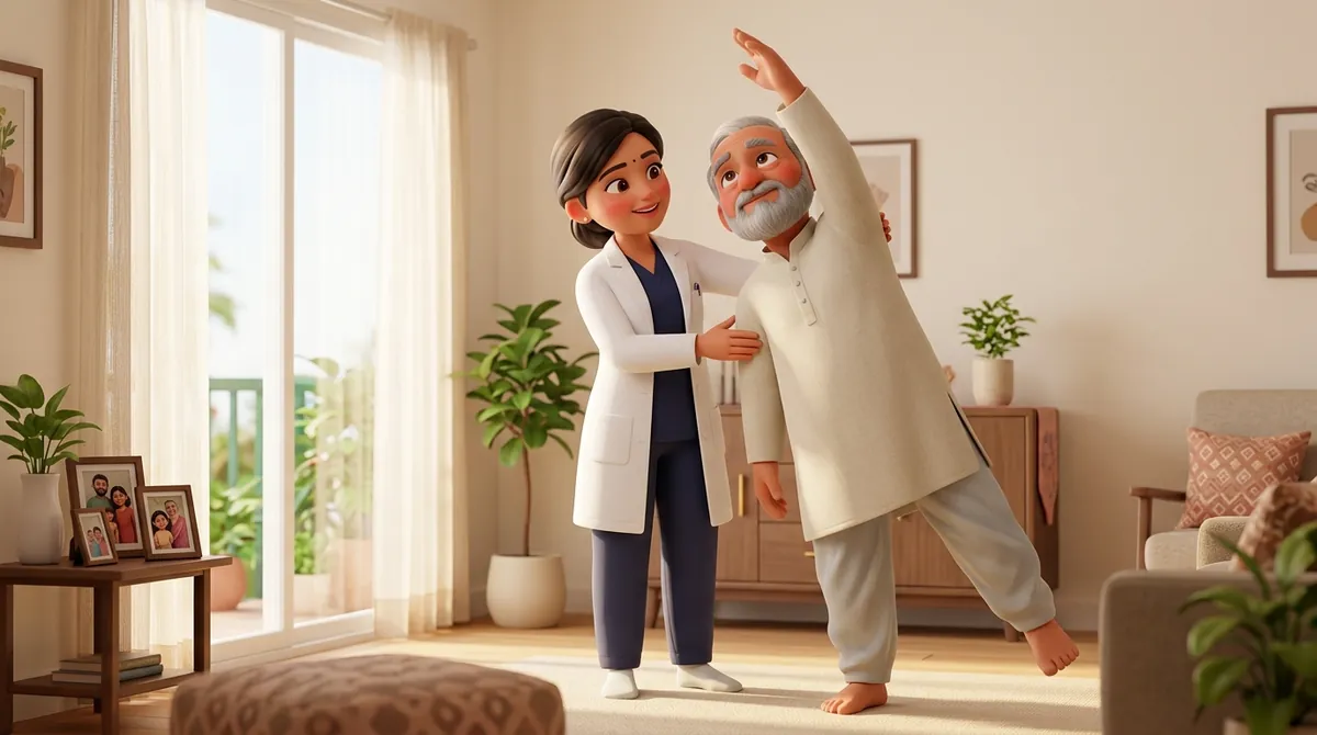 An Indian female physiotherapist guiding an elderly Parkinson patient through standing balance and big reach exercises at home.