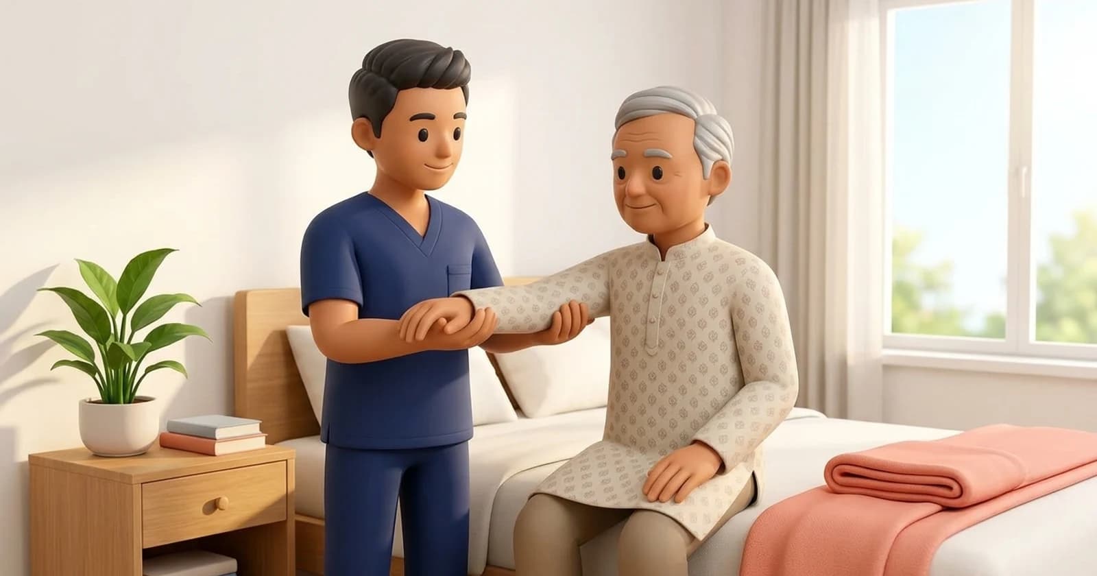 A physiotherapist gently guiding a recovering neurological patient through active-assisted lower limb strengthening exercises at bedside.