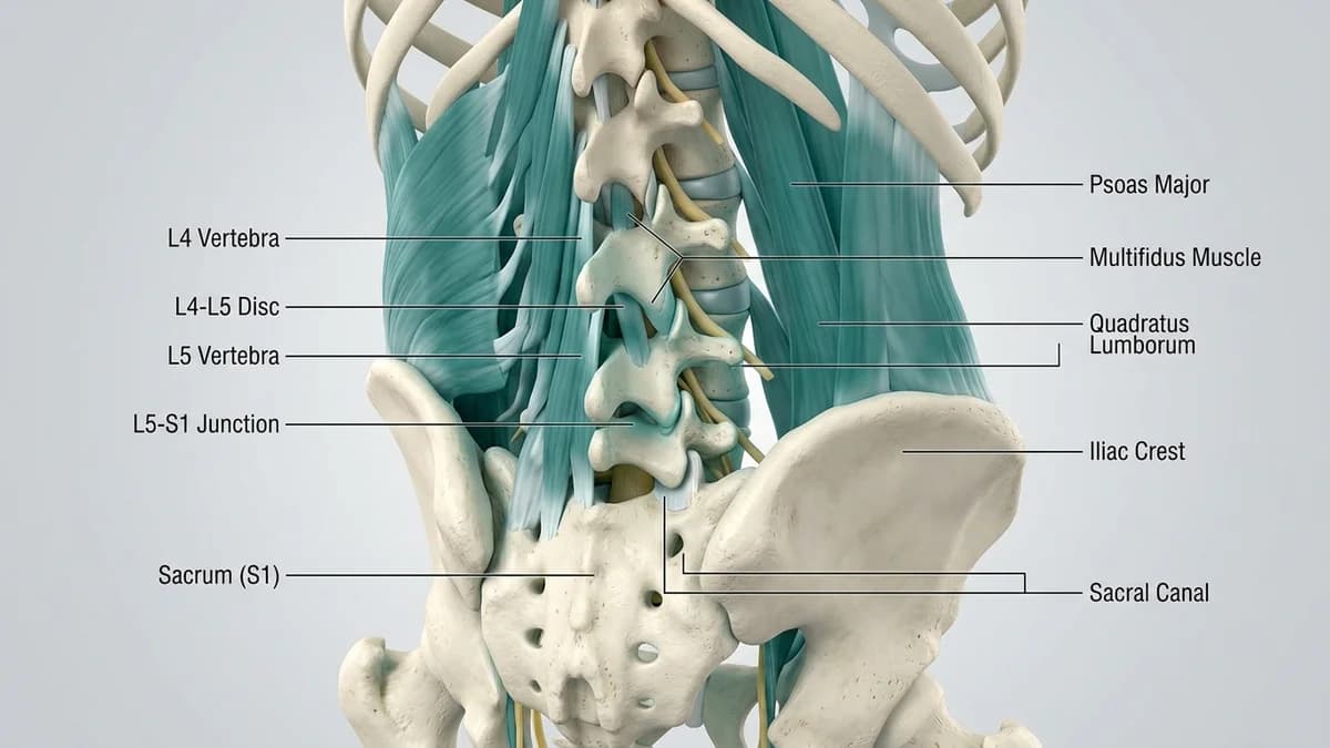 A 3D medical rendering of the human lumbar spine showing the L4-L5 and L5-S1 junction supported by deep core stabilization muscles.