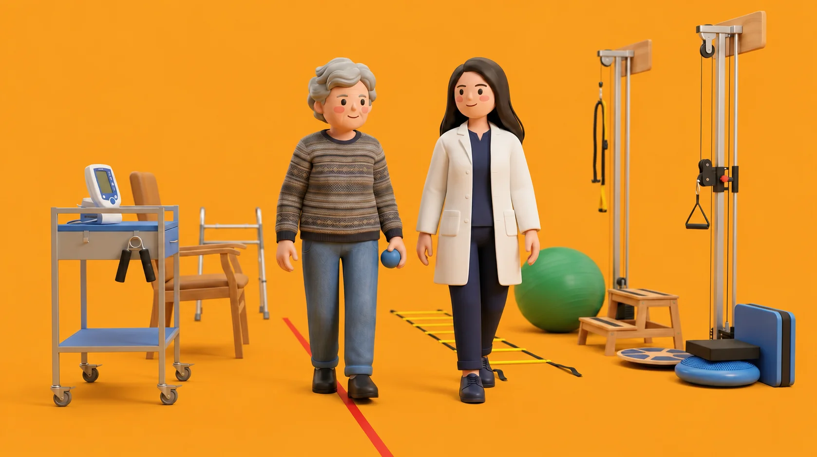 3D clinical illustration representing Geriatric physiotherapy in India