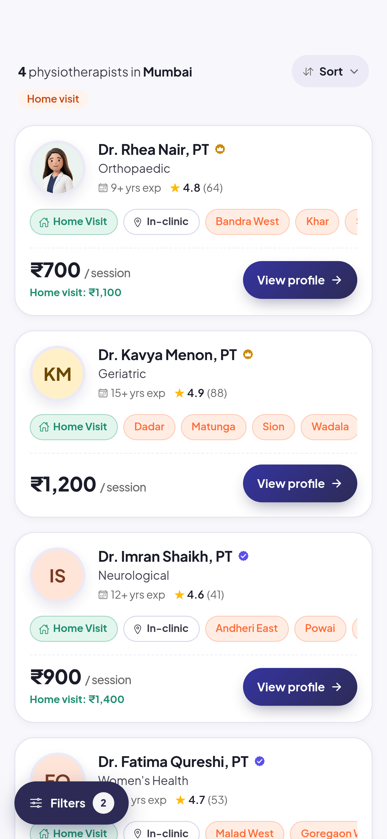 The search screen with the home visit filter selected