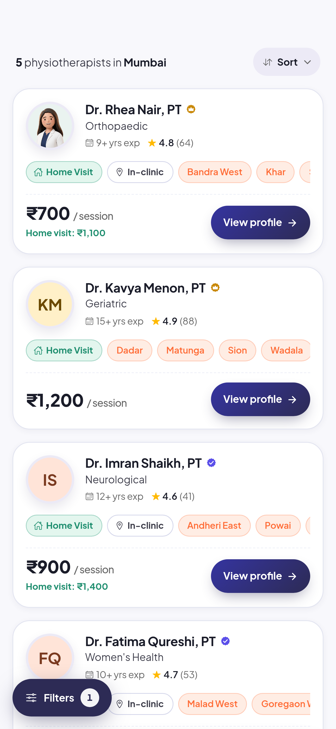 A list of physiotherapist result cards showing specialty, fee and visit type