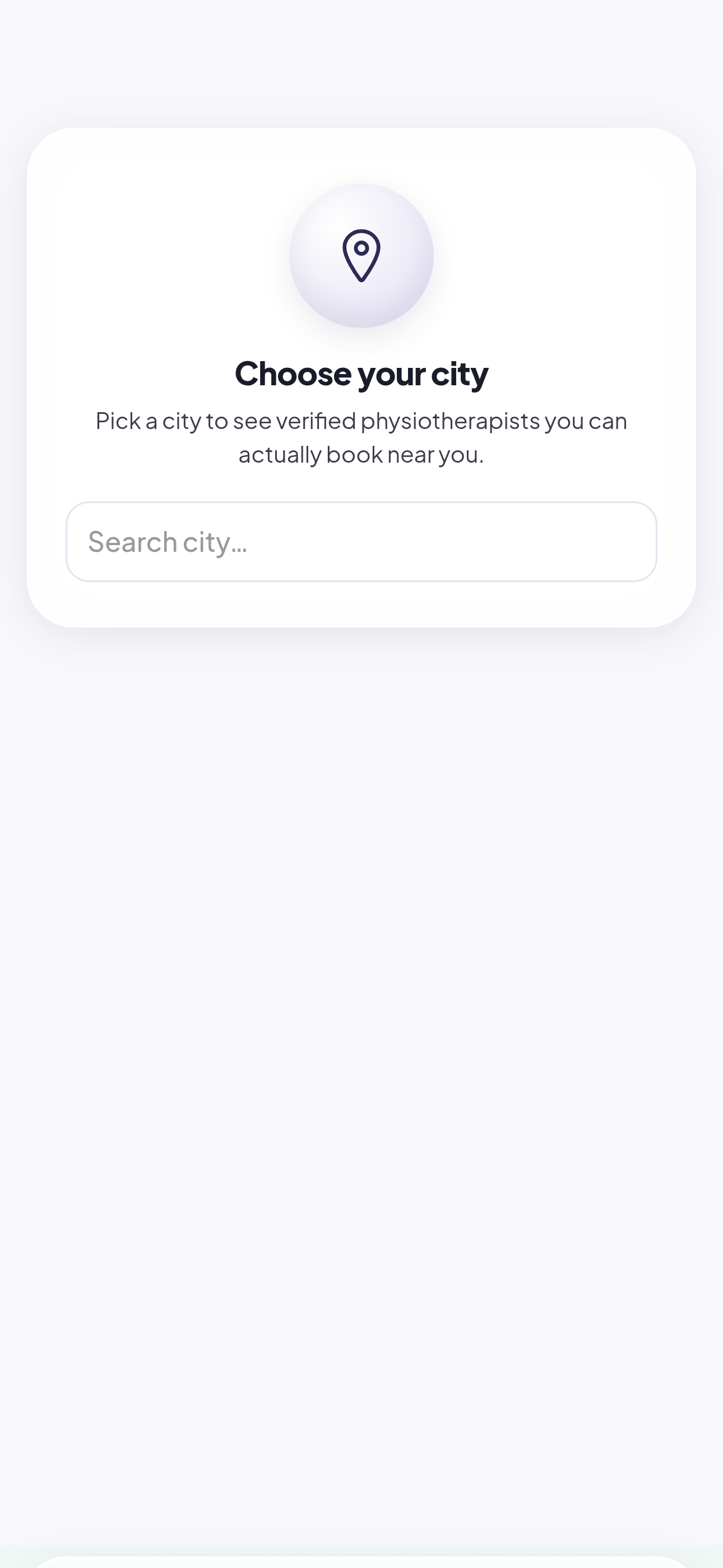 The choose-your-city step that opens before the search