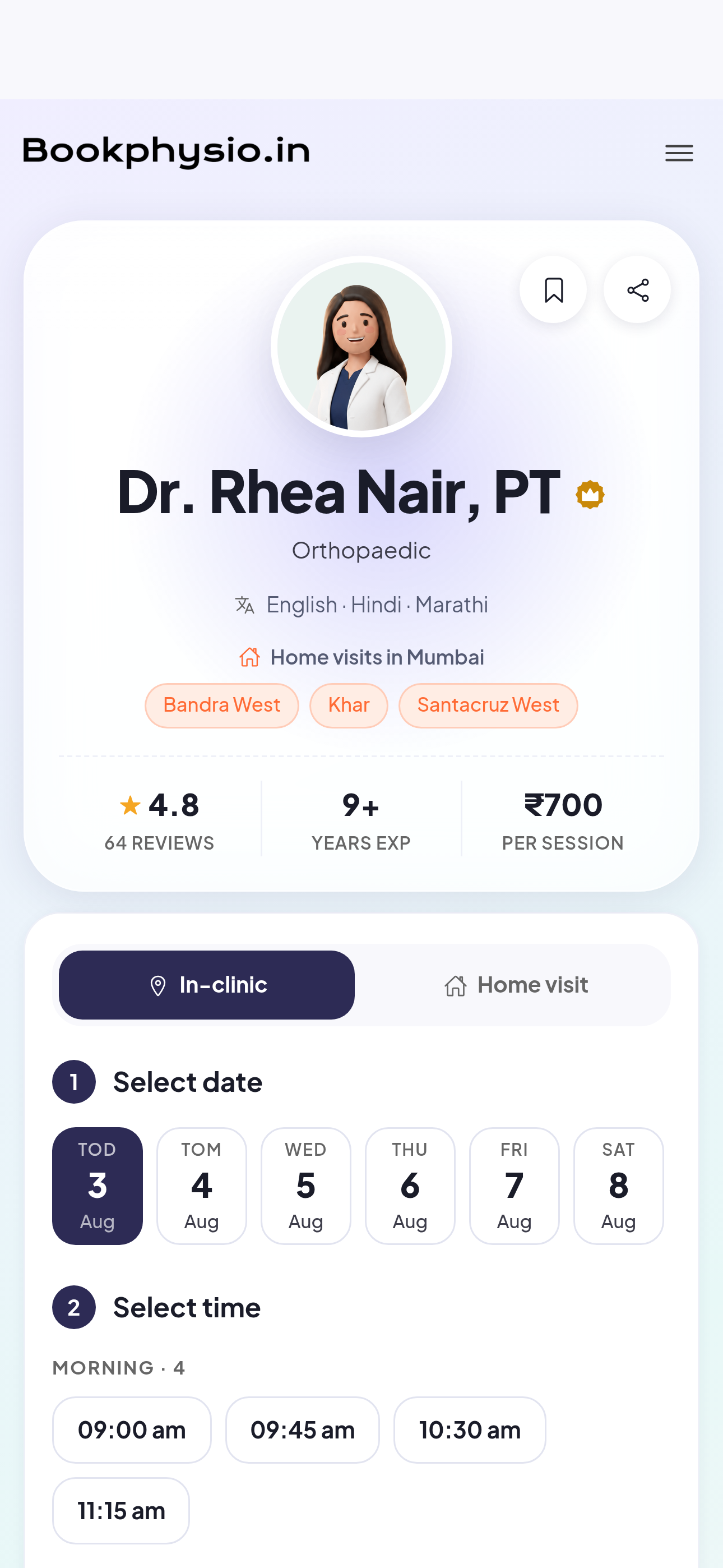 A calendar of available appointment slots on a physiotherapist profile