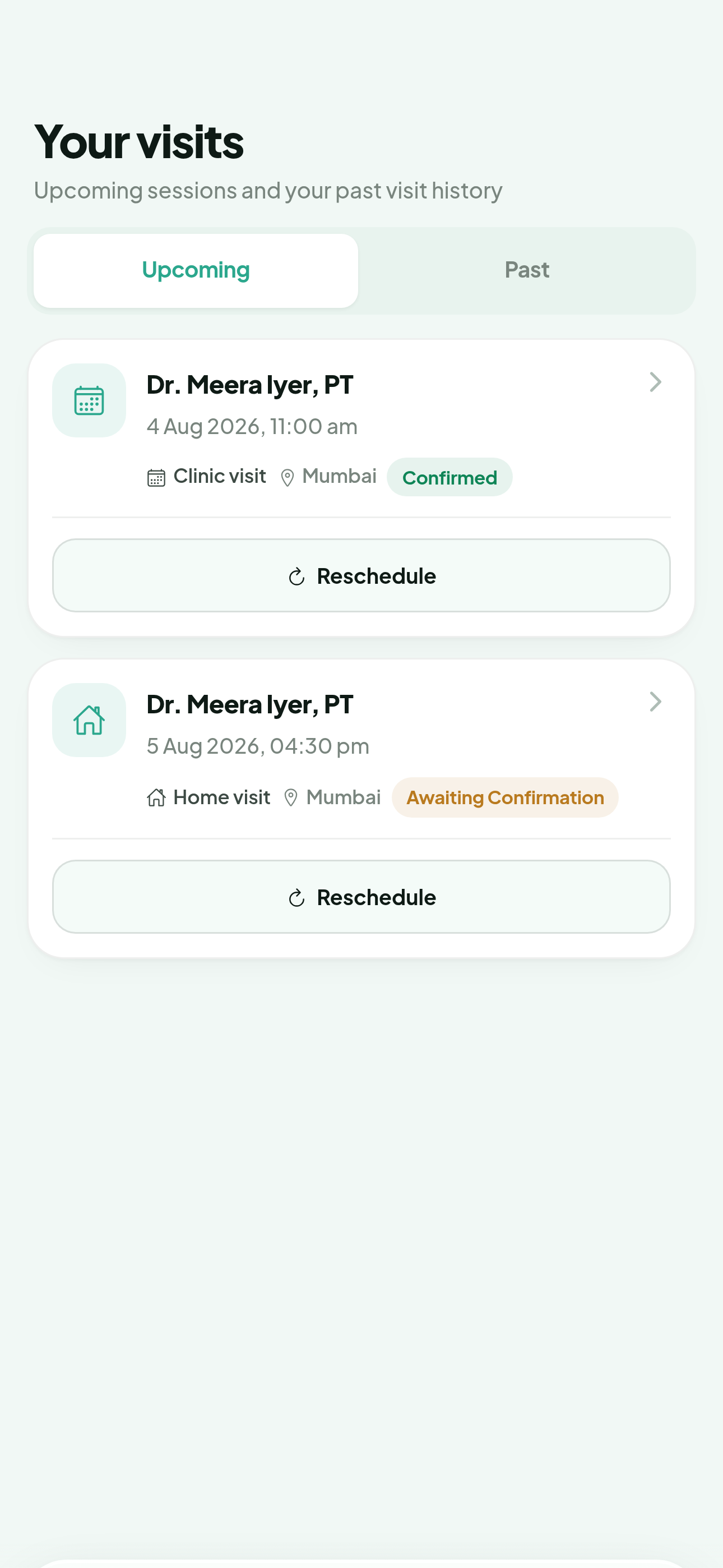 The Visits screen with the Upcoming tab showing booked sessions