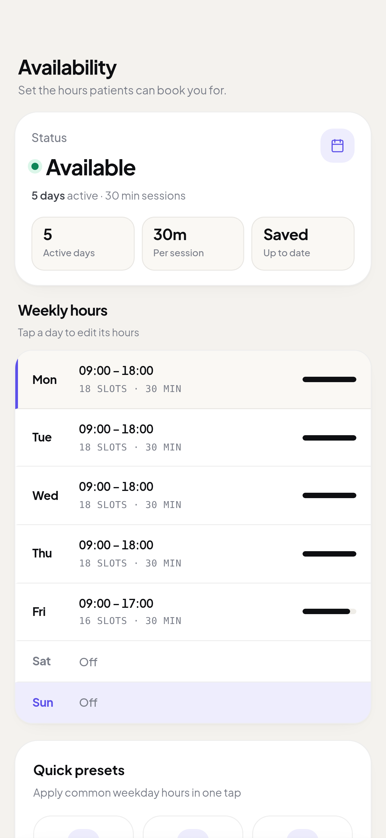 The weekly working hours list, one row per day