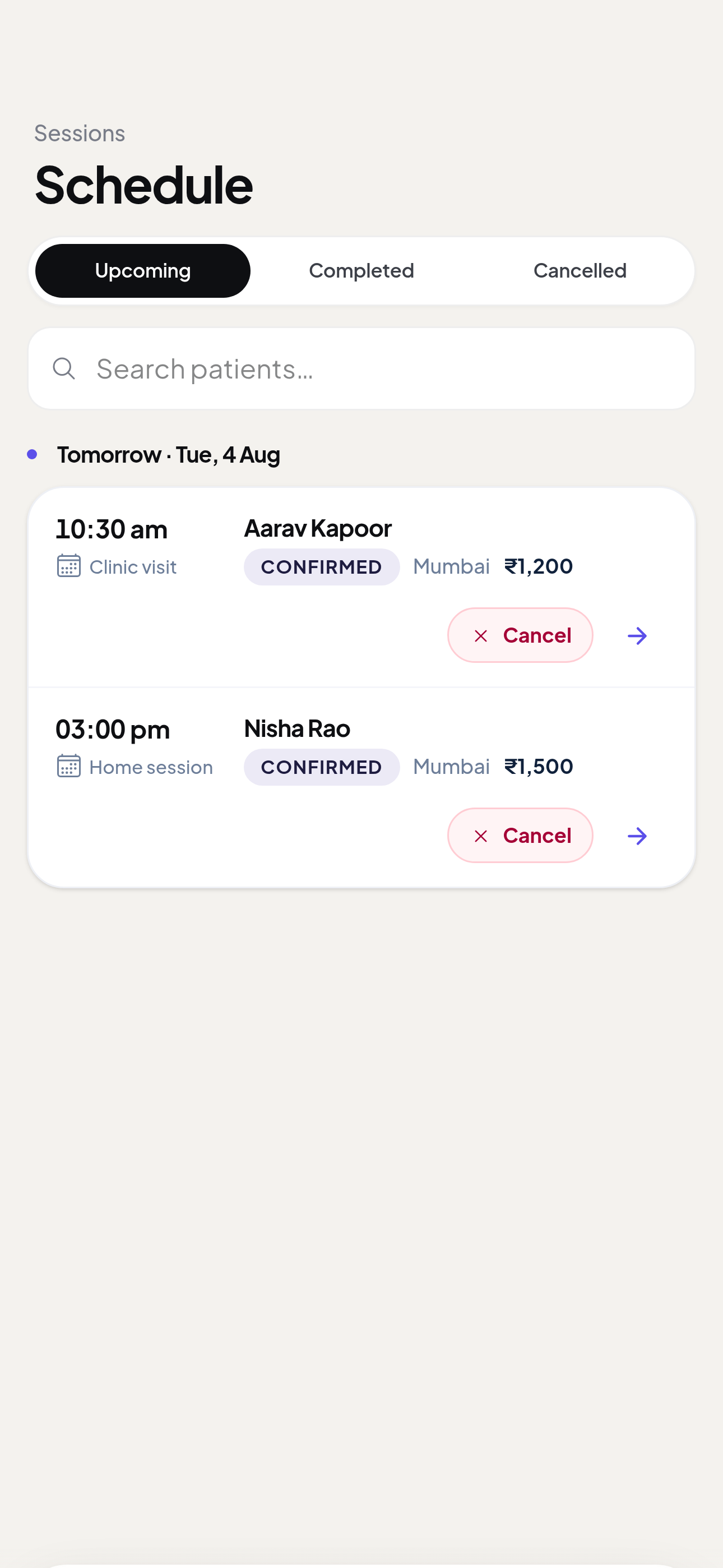The Schedule screen listing booked sessions with the patient, time and visit type