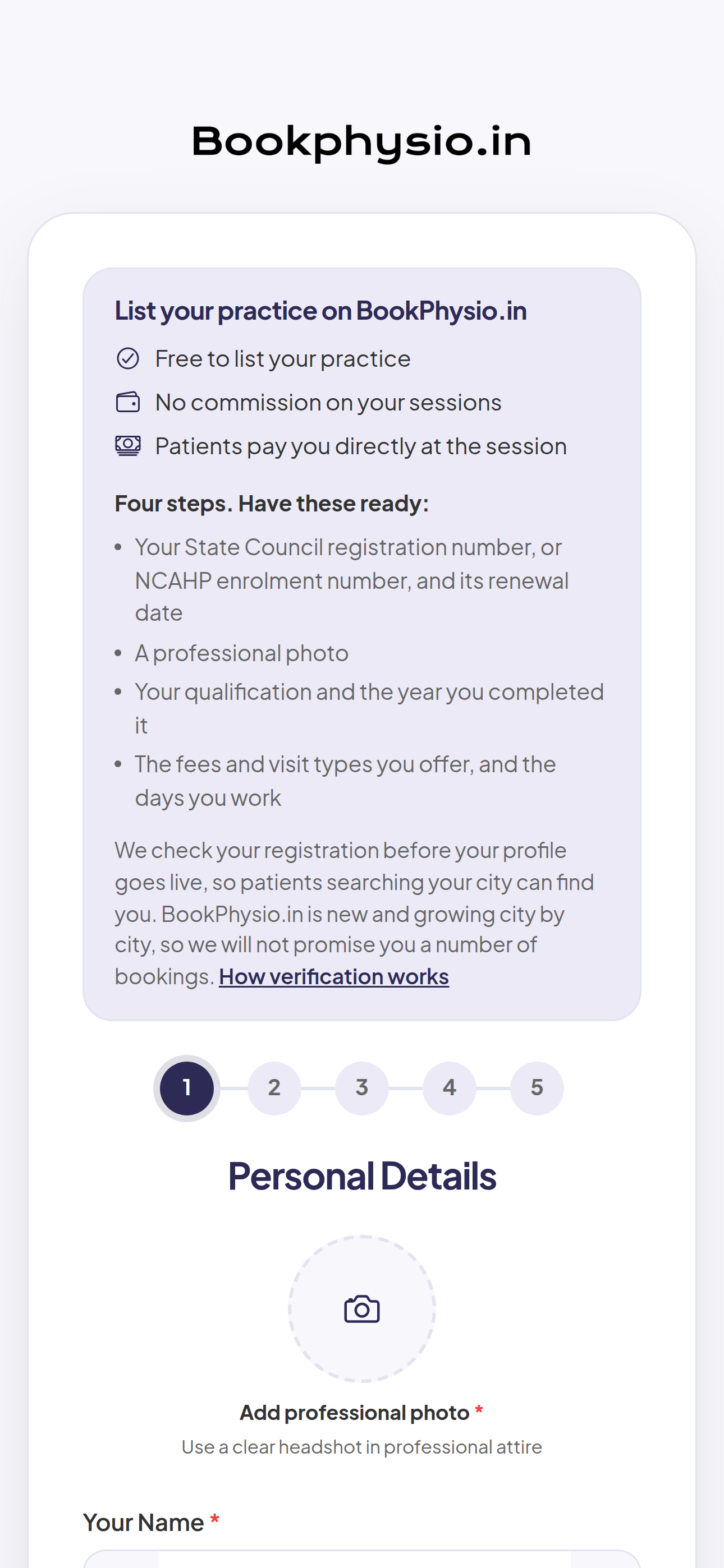The physiotherapist registration form on BookPhysio.in