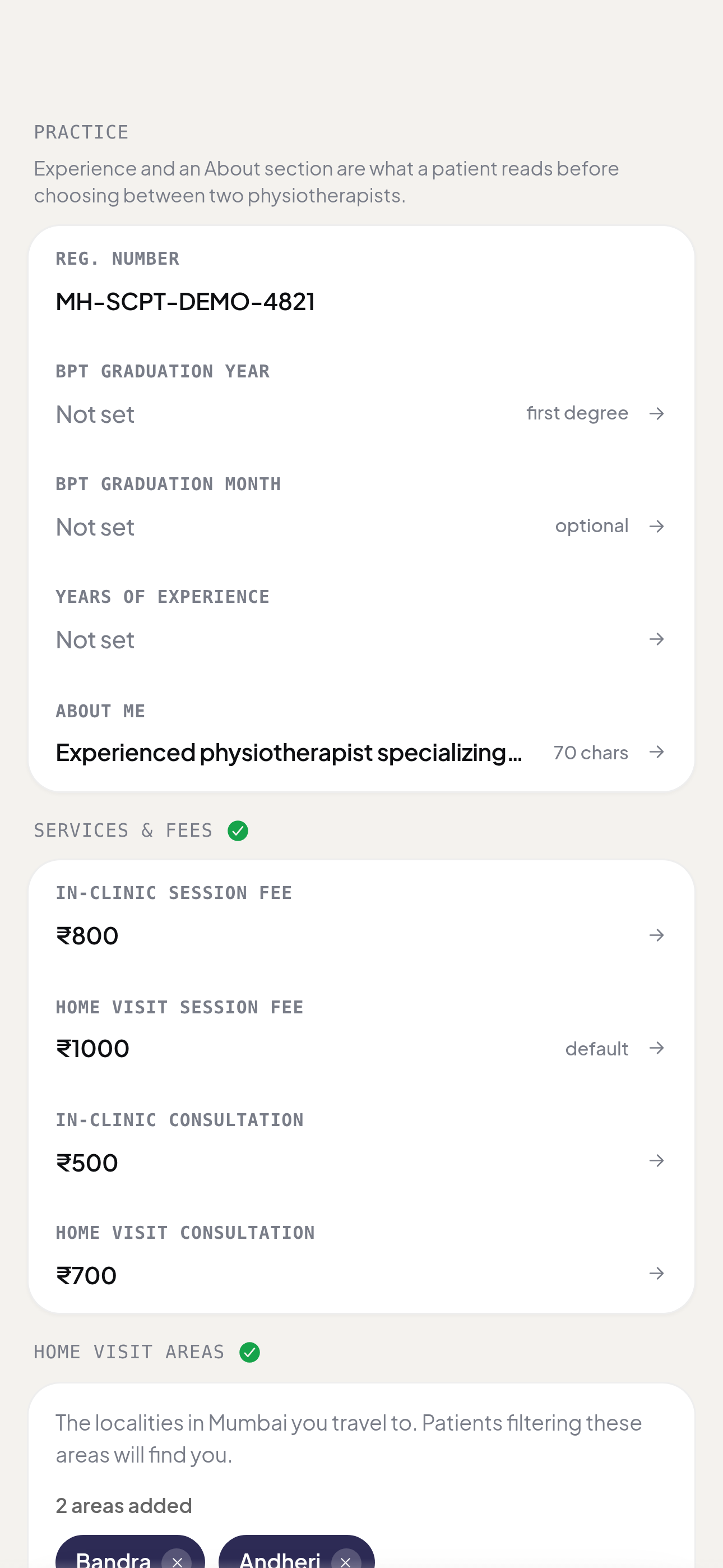 The services and fees section of the edit profile screen